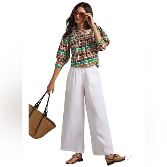 The Odell’s Kylie Blouse Anthropologie Crop Green Motiff Size XS NWOT - Picture 2 of 13